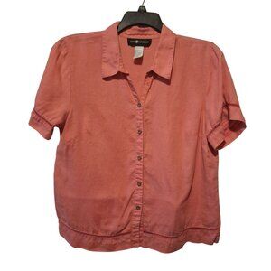 Sag Harbor Womens 100% Linen Button-Up Short Sleeve Blouse Size 16 Coral Color